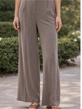 Eileen Fisher 100% SILK Wide Leg Trouser Gray Women's Size Large Crepe Pant $278